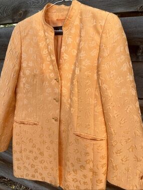 Vintage Louis Feraud Luxury Orange Floral Tulip Silk Blend Suit Jacket